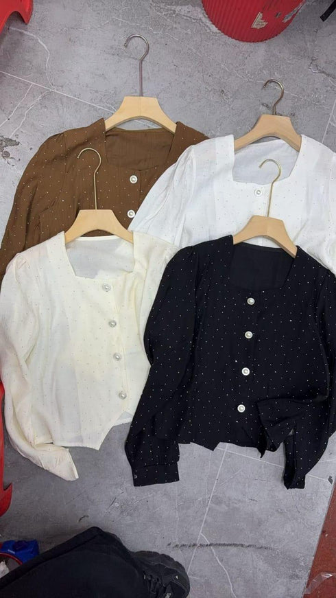 Shimmery Buttons Down Square Neck Long Sleeve Formal Tops